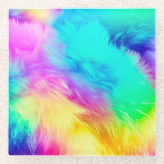 Vivid Rainbow Fluffy Fur Texture Background Design Glass Coaster (Front)