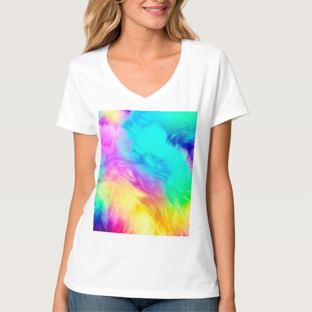Vivid Rainbow Fluffy Fur Texture Background Design T-Shirt (Front)