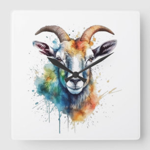 Vivid Rainbow Goat Portrait Square Wall Clock