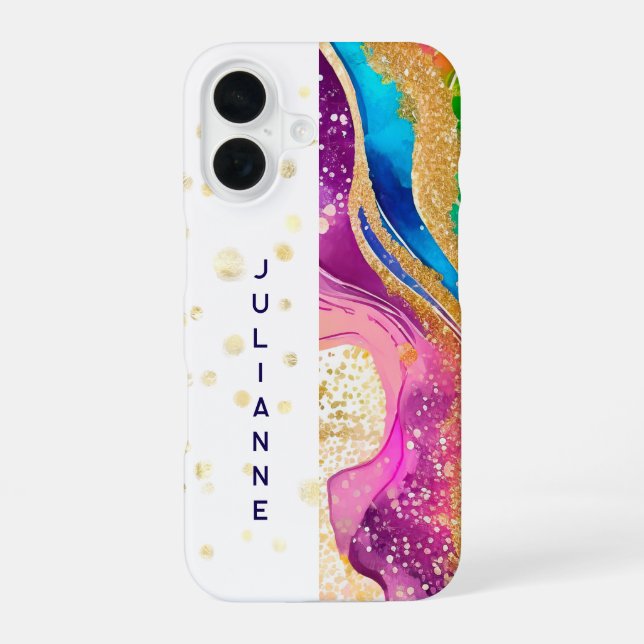 Vivid Rainbow Swirl Add Name iPhone 16 Case (Back)