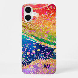 Vivid Rainbow Swirl with Initials iPhone 16 Plus Case