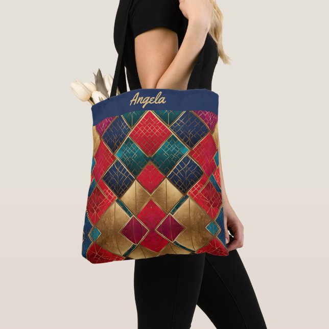 Vivid Red and Gold Textured Geometric Shapes Tote Bag (Close Up)