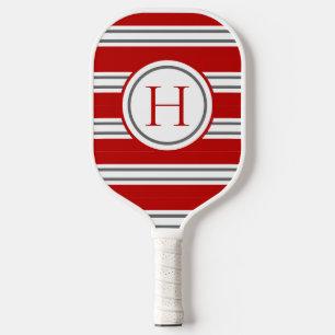 Vivid Red & Grey Modern Striped Monogram Pickleball Paddle