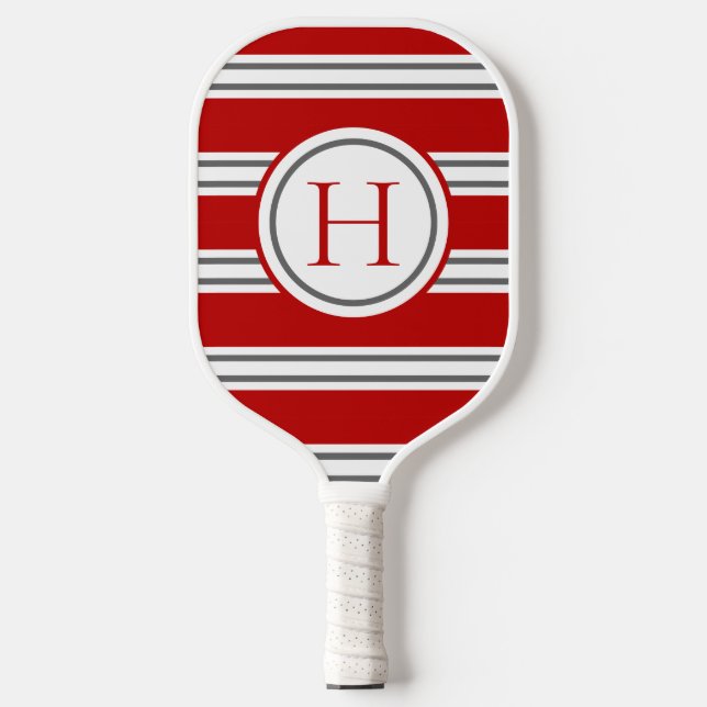 Vivid Red & Grey Modern Striped Monogram Pickleball Paddle (Front)