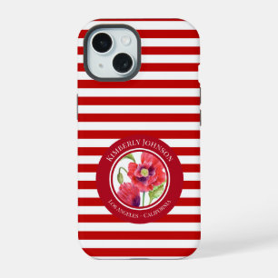 Vivid Red Poppies Floral Circle White Stripes iPhone 15 Case