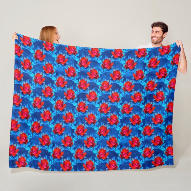 Vivid Red Roses on Blue Watercolory Background Fleece Blanket (In Situ)