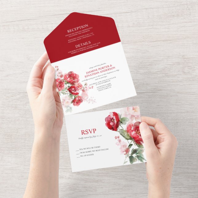 Vivid Red Roses Wedding All In One Invitation (Tearaway)
