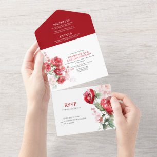 Vivid Red Roses Wedding All In One Invitation