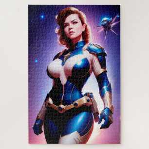 Vivid Retro 50's Female Sci Fi Space Ranger Jigsaw Puzzle