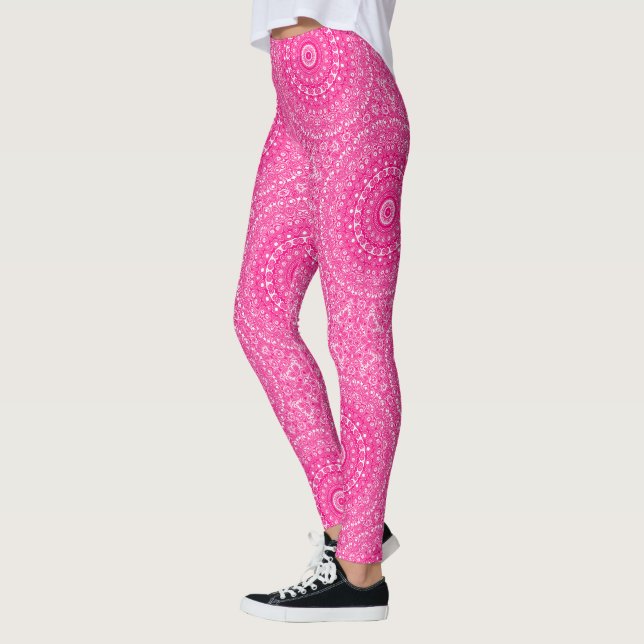Vivid Rose Pink Mandala Pattern Leggings (Left)