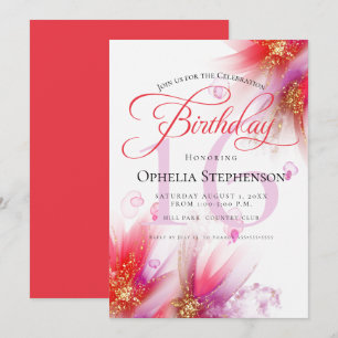 Vivid Scarlet Lilac Abstract Floral Birthday Invitation