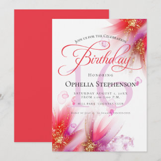 Vivid Scarlet Lilac Abstract Floral Birthday Invitation