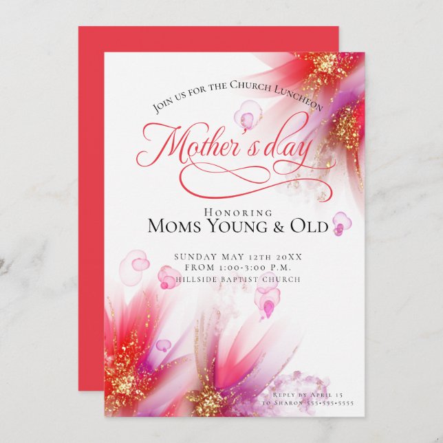 Vivid Scarlet Lilac Abstract Floral Mother's Day  Invitation (Front/Back)