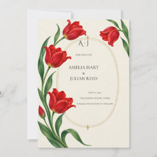 Vivid Scarlet Tulip Botanical Save The Date