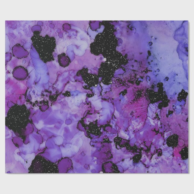 Vivid Shimmering Black and Purple Ink Splash Wrapping Paper (Flat)