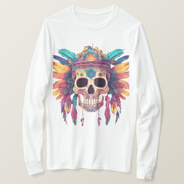 Vivid Skull & Feathers: Psychedelic Digital Art T T-Shirt (Design Front)