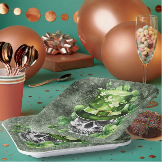 Vivid Skull with Green Hat Illustration Paper Plate