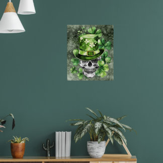Vivid Skull with Green Hat Illustration Poster