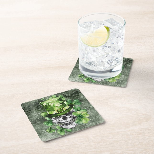 Vivid Skull with Green Hat Illustration Square Paper Coaster (Insitu)