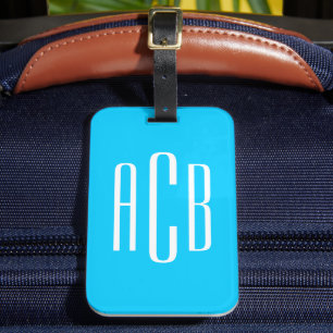 Vivid Sky Blue Vertical Three Letter Monogram Luggage Tag