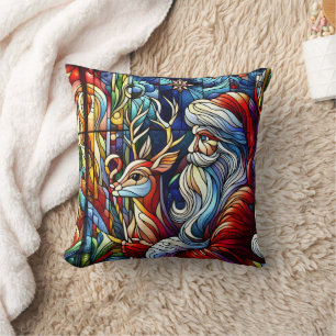 Vivid stained glass of Santa and reindeer Cushion