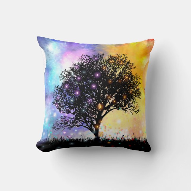 Vivid surreal sunset with black silhouette tree cushion (Front)