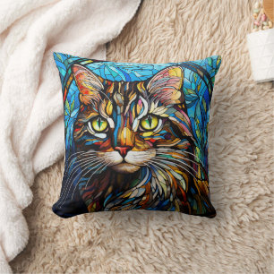 Vivid Tabby Cat Stained Glass Style Cushion