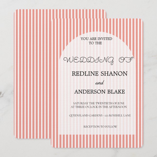 Vivid Tangerine   Blush Striped Elegant Wedding Invitation (Front/Back)