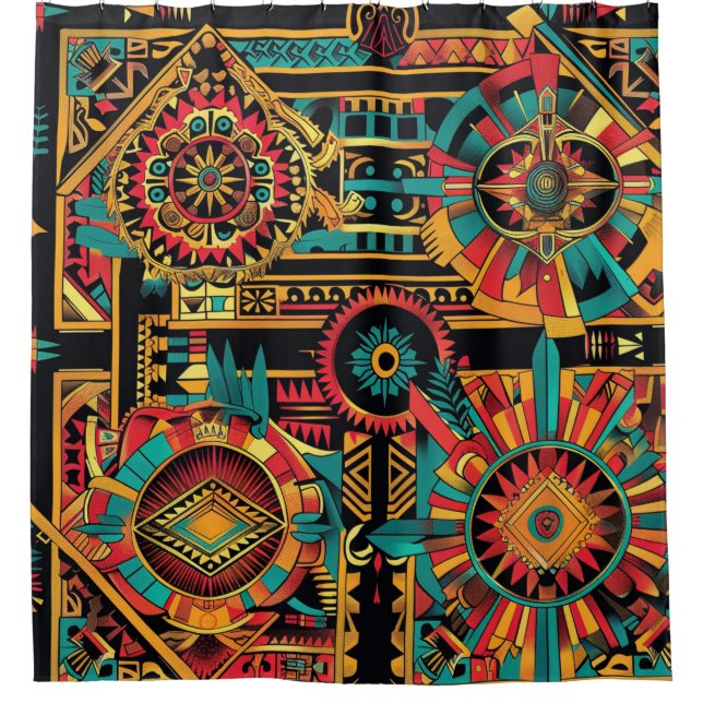 Vivid Teal "Aztec Dream" Chic Bathroom Shower Curt Curtain (Front)