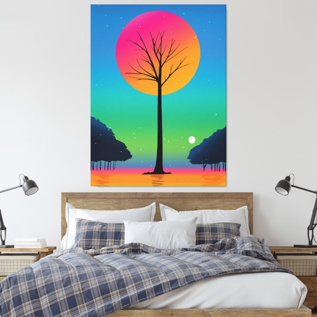 Vivid Tree Beneath a Cosmic Rainbow Sky Canvas Print (Insitu(Bedroom))