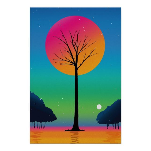 Vivid Tree Beneath a Cosmic Rainbow Sky Poster (Front)