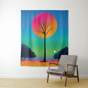 Vivid Tree Beneath a Cosmic Rainbow Sky Tapestry
