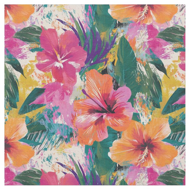 Vivid Tropical Hibiscus Abstract Fabric (Close Up)