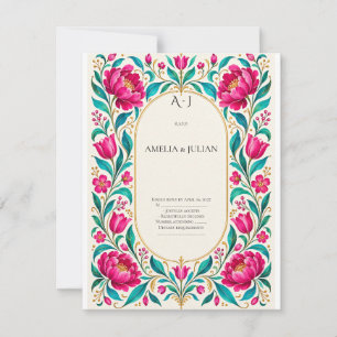 Vivid Turquoise Fuchsia Botanical RSVP Card