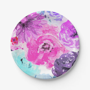 Vivid Violet Bold Floral Flowers Pink Purple Chic Paper Plate