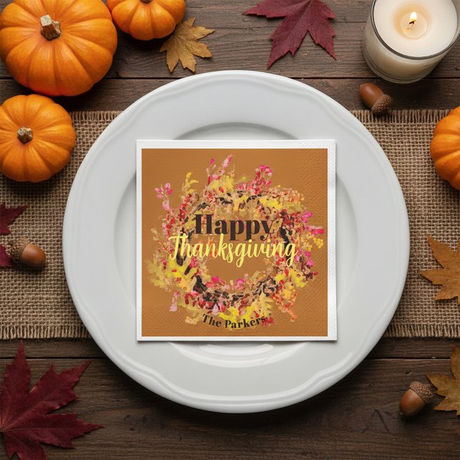 Vivid Watercolor Fall Leaves Wreath Thanksgiving Napkin (Creator Uploaded)