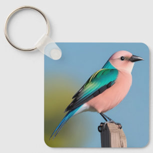 Vividly Coloured Bird Perched on a Wooden Post Key Ring