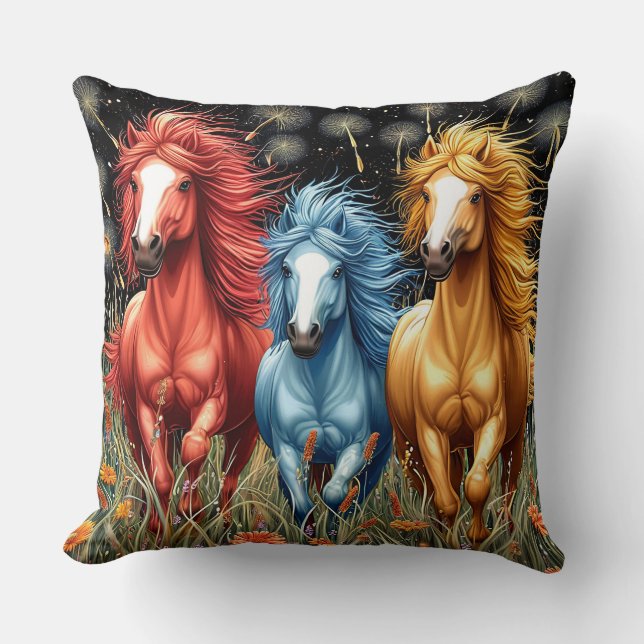 Vividly Coloured Horses Galloping Through A Field Cushion (Front)