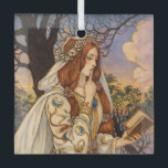 Vivien – Art Nouveau Enchantress Illustration Glass Tree Decoration<br><div class="desc">Inspired by Arthurian legend, this Art Nouveau–style illustration depicts Vivien (Nimue), the enigmatic enchantress known for her beauty, intelligence, and magical cunning. Holding a book of spells and framed by stylized woodland forms, Vivien embodies the mysterious and seductive power of mythic storytelling. This richly detailed vintage-inspired artwork features flowing drapery,...</div>