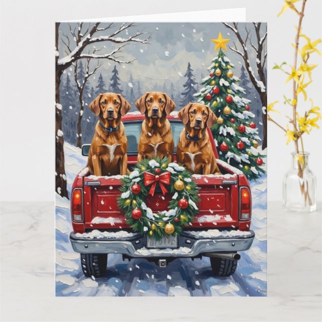 Vizsla Christmas Red Truck Holiday Card (Yellow Flower)