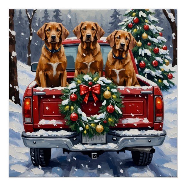 Vizsla Christmas Red Truck Holiday Poster (Front)