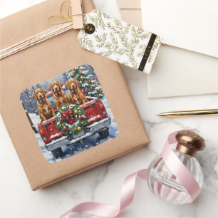 Vizsla Christmas Red Truck Holiday Square Sticker