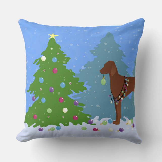 Vizsla Decorating a Christmas Tree in the Forest Cushion (Front)
