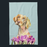 Vizsla Dog and Crocus Flower Watercolor Tea Towel<br><div class="desc">This is a watercolor painting of a vizsla dog with long floppy ears slightly tiltling her head. She has an ethereal look with soft eyes. She is behind crocus flowers.</div>