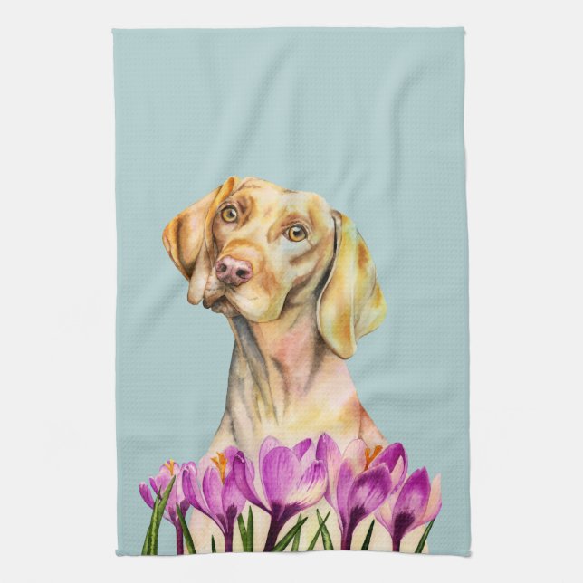 Vizsla Dog and Crocus Flower Watercolor Tea Towel (Vertical)