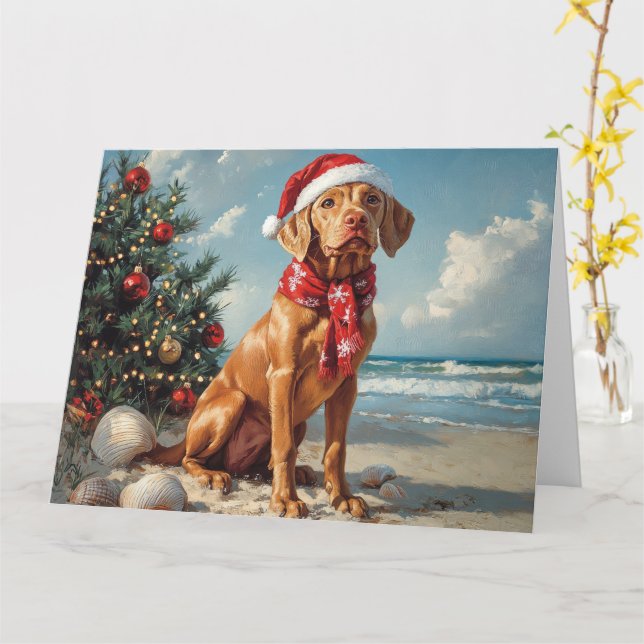 Vizsla Dog Christmas Vintage Beach Card (Yellow Flower)