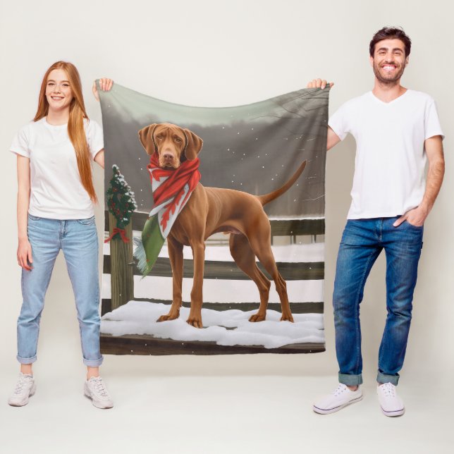Vizsla Dog in Snow Christmas Fleece Blanket (In Situ)
