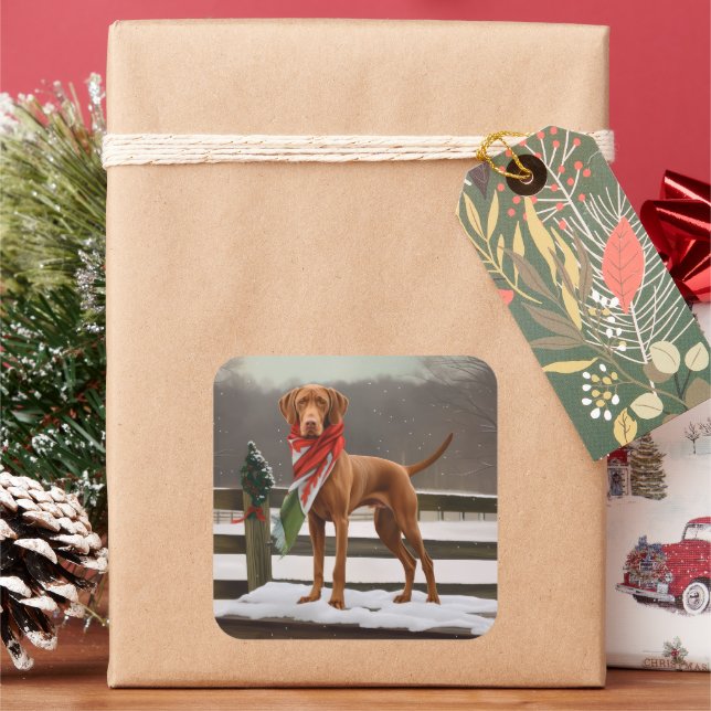 Vizsla Dog in Snow Christmas Square Sticker (Holiday)