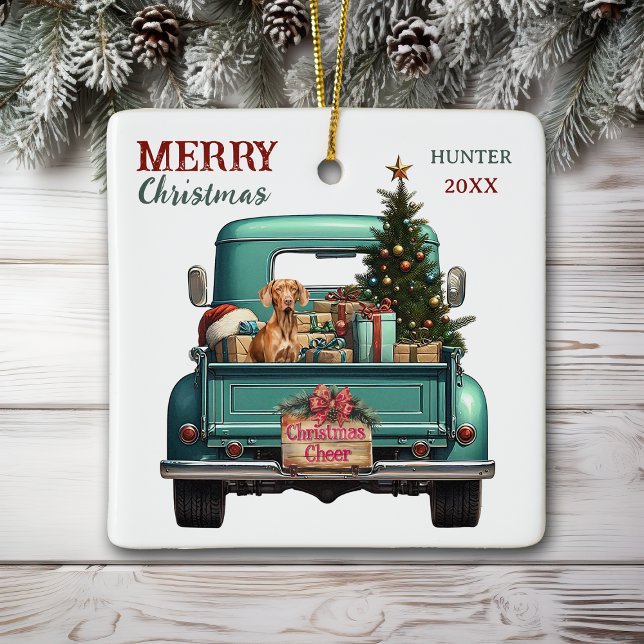 Vizsla Dog Retro Truck Christmas Ceramic Ornament (Creator Uploaded)