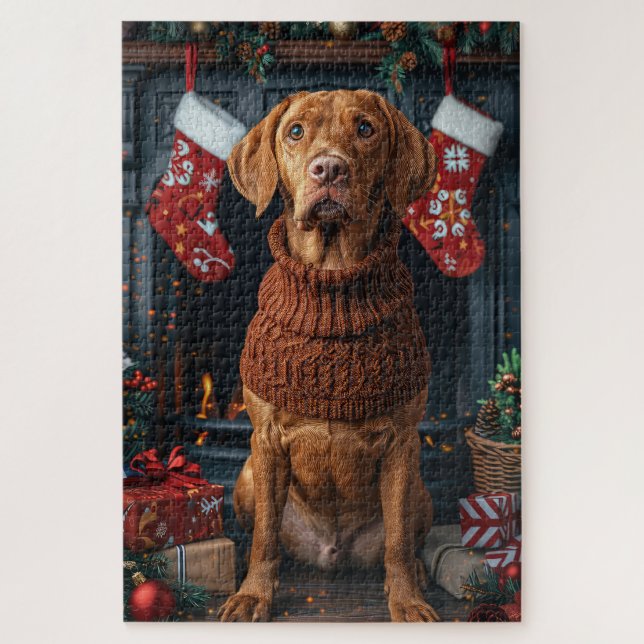 Vizsla Dog With Christmas Gifts Fireplace Jigsaw Puzzle (Vertical)